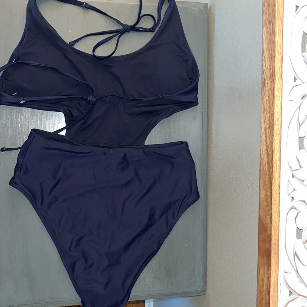 Aerie Swim One Piece Navy Blue Cutout Side Halter Top w Tie Back Closure L EUC - Picture 7 of 16
